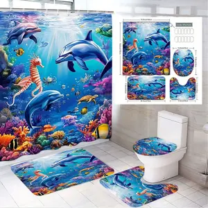 1/4pcs Ocean Underwater Shower Curtain Set 4 Piece - Blue Dolphins Seahorse Turtle Fish Marine Life Curtain + Floor Mat + Toilet Seat Cover - Colorful Coral Whimsical Bathroom Decor for Easter, Summer, Beach Themed Home Decor