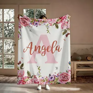 Custom Flannel Blanket with Personalized Name & Initial Watercolor Rose Floral Design, Cozy Warm Customizable Design Throws for Sofa & Travel, Keepsake Gift for Her, Soft Bedding Decor