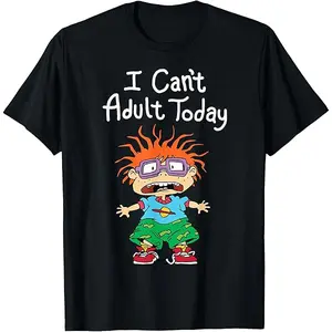 "I Can't Adult Today" Rugrats Cartoon American Retro Black Short-Sleeved Unisex T-Shirt, Nostalgic 90s Character Graphic, Casual Streetwear for Cartoon & Meme Enthusiasts, Unique Quirky Pop Culture Fashion Statement Piece Game funny crewneck menswear