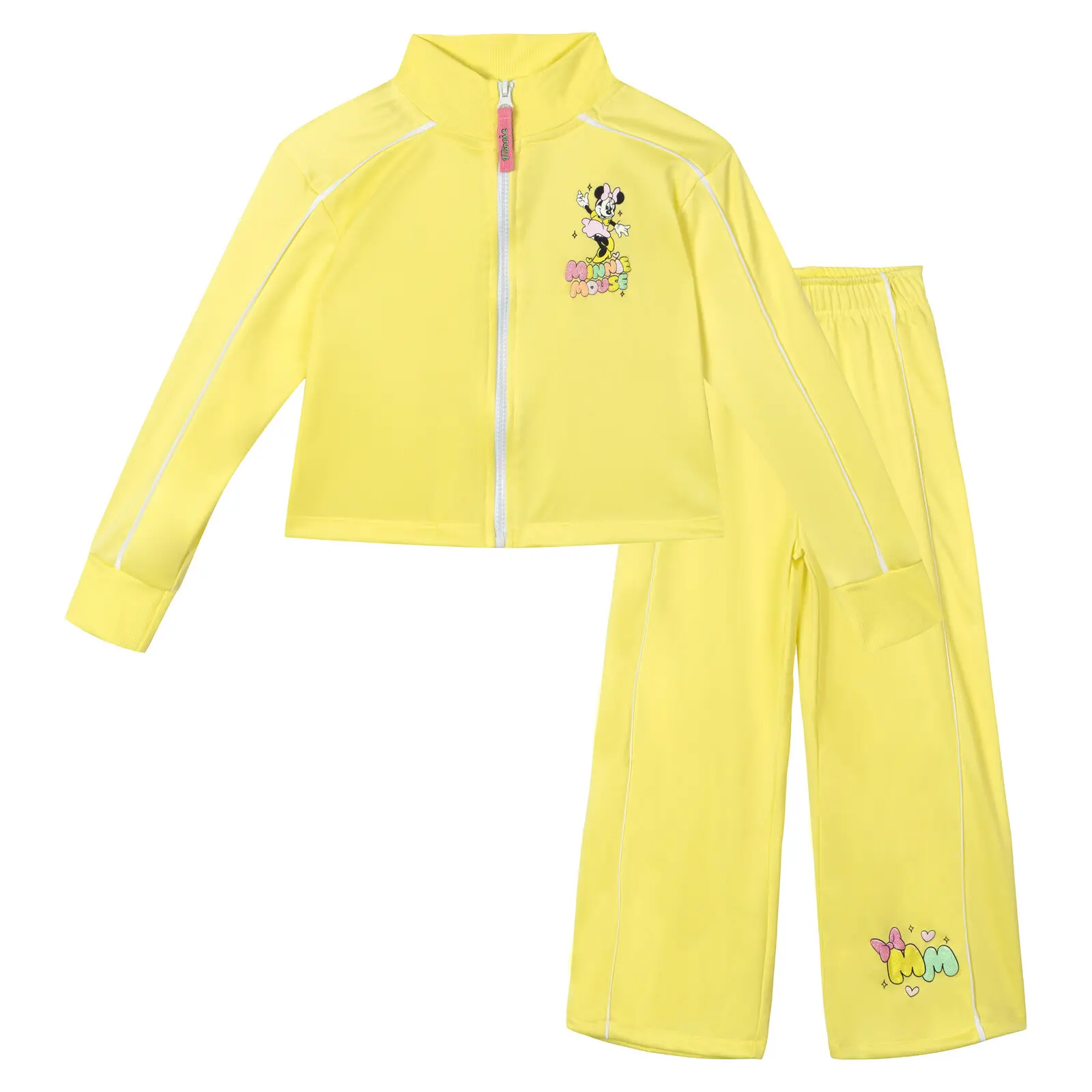 Disney Girls' 2-Piece Athletic Tracksuit Set, Tricot Jacket and Joggers with Minnie Print, Glitter Fabric, and Elastic Waistband