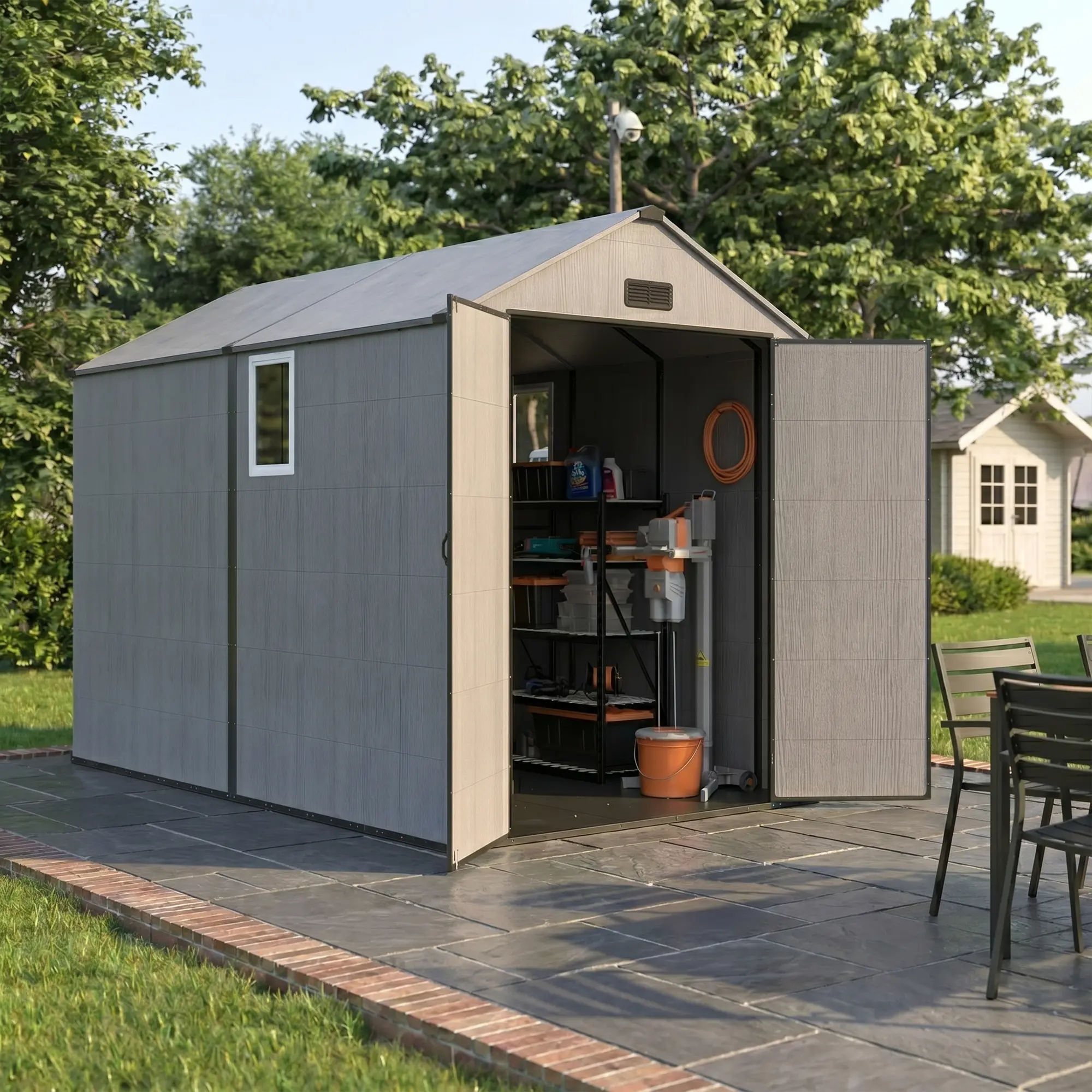 MNLR 6x10 FT Resin Outdoor Storage Shed with Floor, Plastic Garden Tool Shed with Lockable Door and Ventilation for Backyard, Patio and Garden