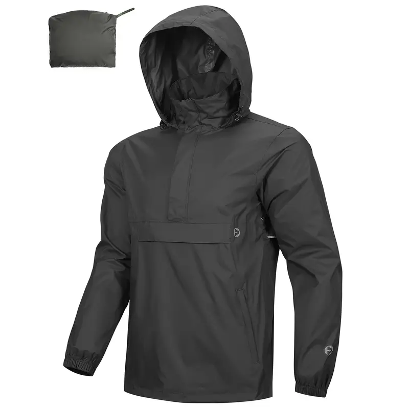 Outdoor Ventures Men's Hooded Waterproof Lightweight Packable Rain Pullover Jacket - Waterproof Outdoor Wear, Wind-Resistant Outerwear for Hiking, Biking, Running