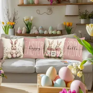 Easter Bunny Egg Pattern Festive Pillow Covers Set, 4pcs Single-Sided Print Decorative Pillows, 45x45cm, Short Plush Material, Hidden Zipper