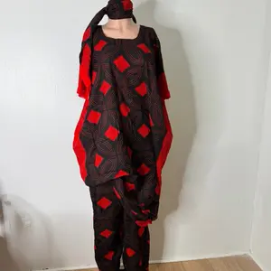 Long Dera & Pants Set with Short Hijab Loose Fit Comfortable Elastic Waistband Green Black Pattern