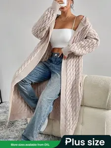 Women's Thick Ribbed Drop Shoulder Cardigan, Casual Long Sleeve Hooded Sweater, Plus Size Fall Winter Fashion, Ladies Knitwear Coat
