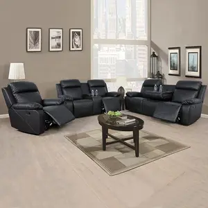 Manual Recliner Sofa Set Breathing Leather Black Reclining Couch LOVESEAT Storage Console Cup Holders for Living Room