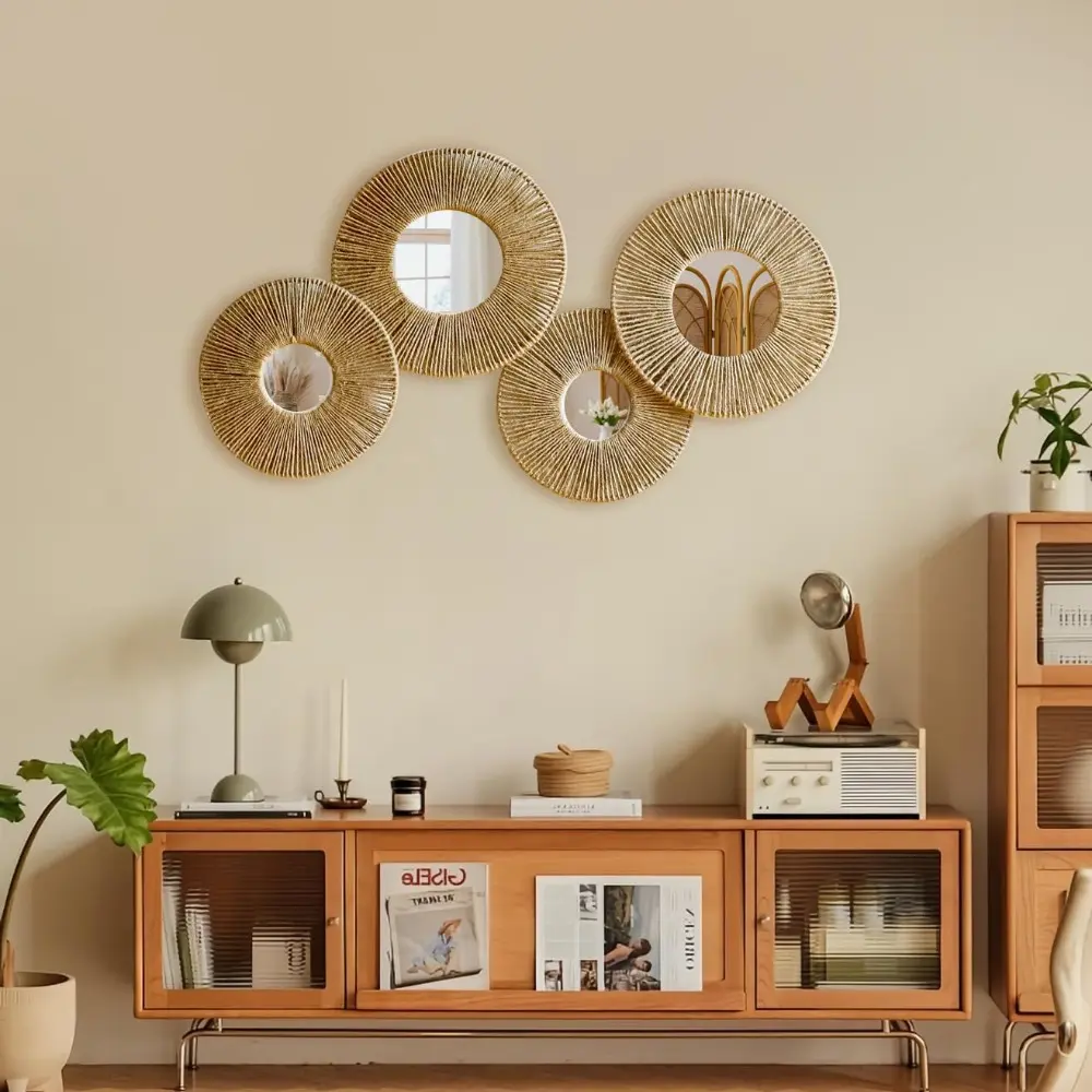 4-Piece Hangable Wicker Basket Wall Hanging Set - Decorative Home Accessory, Modern Rustic Farmhouse Design, Natural Jute, Round Mirrors, Wall Art for Bedroom, Living Room