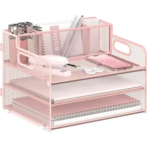 3 Tier Paper Letter Tray Organizer with Pen Holder for Desk, Metal Mesh Desk File Folder Sorter Organizer with Handle and Sliding Tray for Home, Office, School Supplies Organization(Pink)