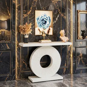 White Curved Geometric Base Console Table, 40 Inch Thickened MDF Narrow Accent Table, Stable Anti-slip Entryway Sofa Display Table For Living Room Hallway Home Decoration