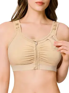 Postpartum Nursing Bra with Wide Straps, Breathable Cotton, Front Zipper Design, Shoulder Button Hole, Window Style Privacy Protection, Maternity Bras