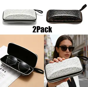 2 Pack Sunglasses Case,Crack Pattern EVA Protective Eyeglass Holder with Lanyard, Portable Zipper Glasses Pouch for Men Women, Anti-Scratch Shockproof Case for Travel, Driving, Daily Use