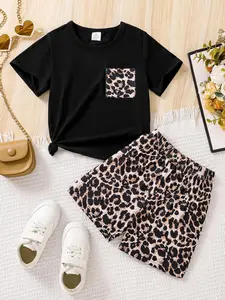 Girl's Leopard Print Short Sleeve Tee & Elastic Waist Shorts Two-piece Set, Casual Round Neck T-shirt & Shorts for Daily Wear, Kids Summer Clothes, Outfit, Clothing, Tops