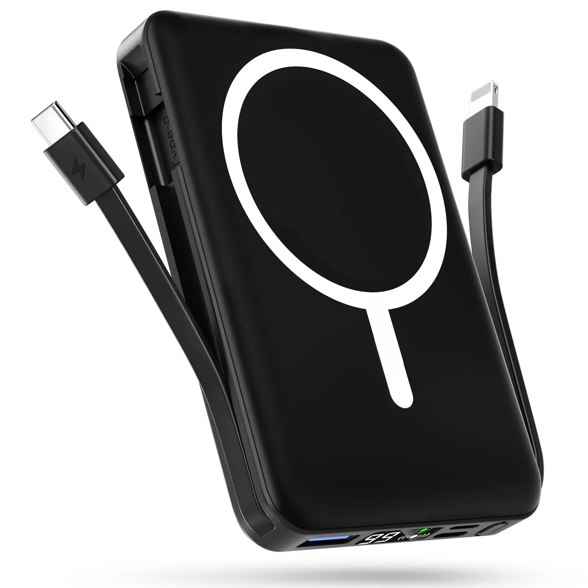 Podoru 10000mAh Portable Power Bank Charger - Built-in USB-C & Lightning Cables, Wireless Magnetic Fast Charging, Mobile Smartphone Accessories, Compact Foldable for iPhone 17/16/15/14/13/12 Series Travel Emergency Use