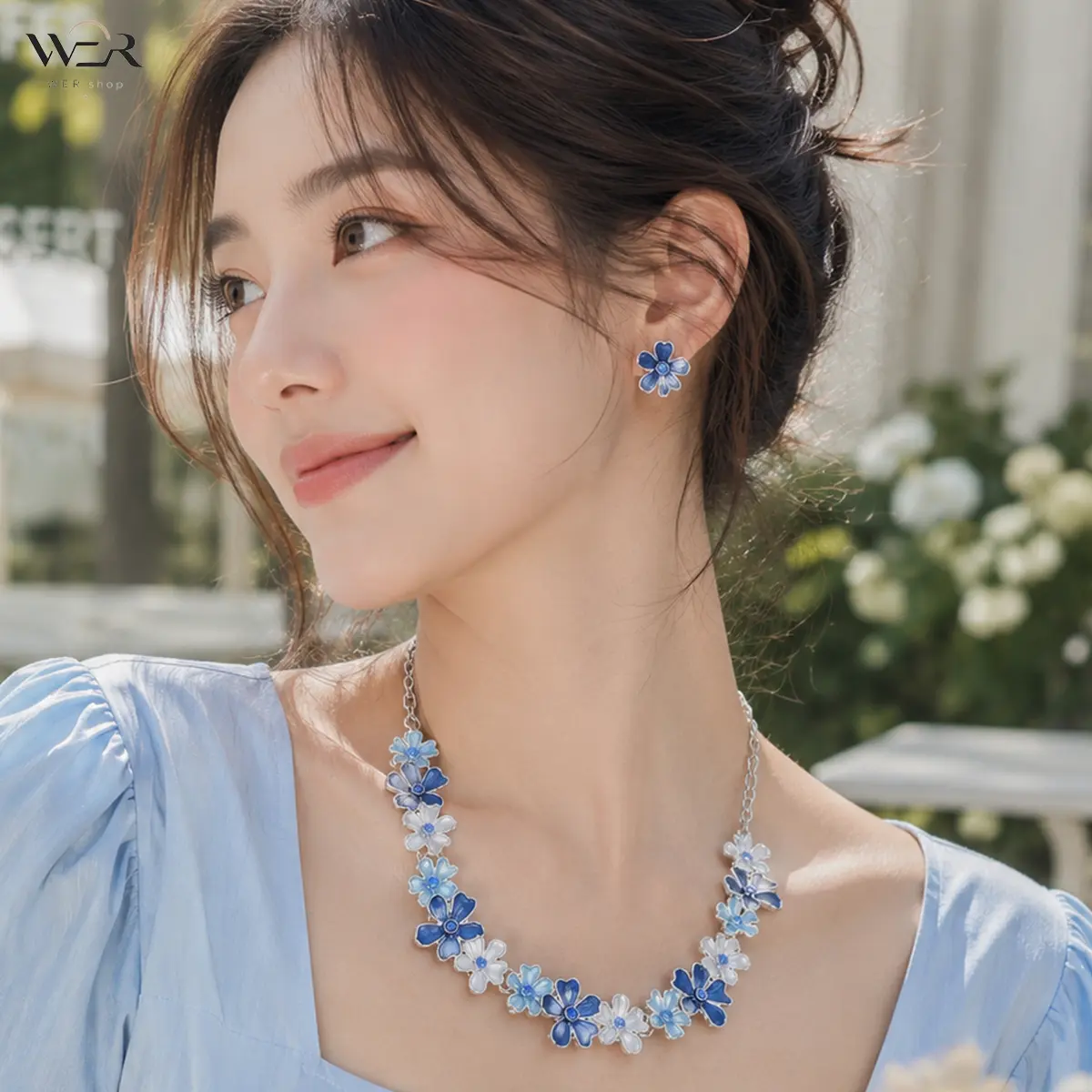 Blue Flower Necklace Set Enamel Flower Jewelry White Blue Flower Earrings Dainty Flower Necklace Feminine Jewelry for Women Gift