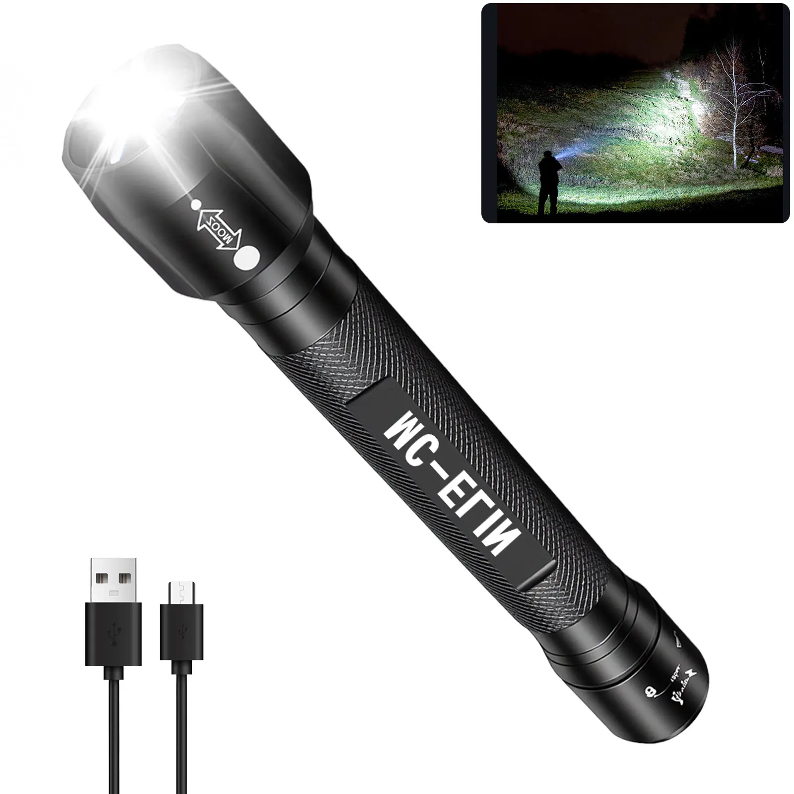Aluminum Alloy Rechargeable P50 500-2000 Lumens Flashlight - 5 Modes (Including Strobe), Adjustable Zoom, Luminous, USB Port with Cable, 100-300m Range, Water Resistant, Sturdy, Long Battery Life, for Outdoors Camping, Home Emergency Lighting, Led, Usb Ca
