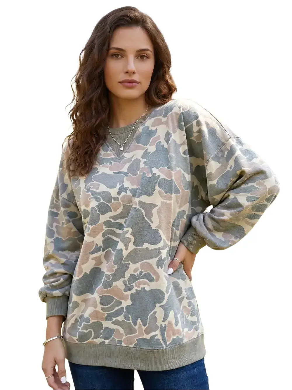 PHEFEE Oversized Camouflage Pullover Sweatshirt Long Sleeve Crewneck Patchwork Casual Tops