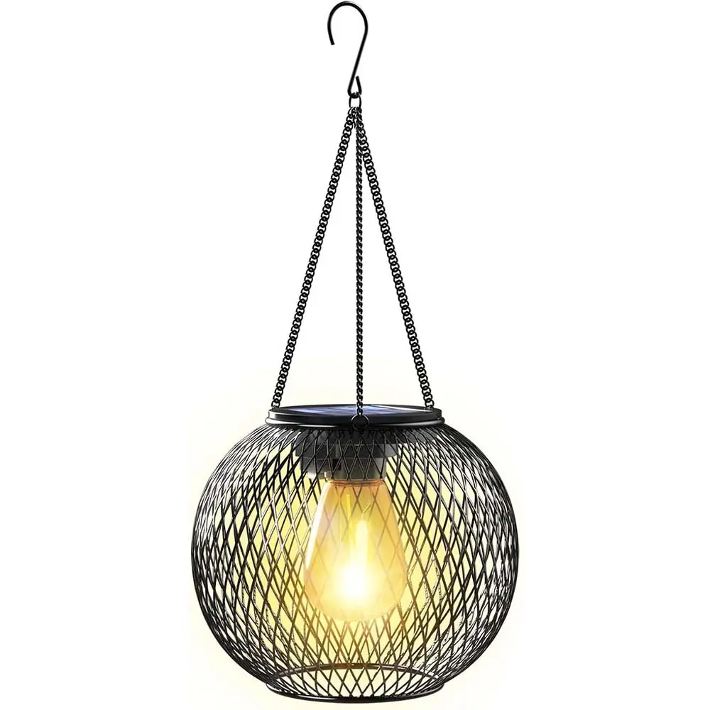 Black Metal Hanging Solar Lanterns - IP65 Waterproof Decorative Lights, Yard Lighting, Outdoor Decor for Decks/Patio, Gardening & Birthday Gifts with Hanging Lantern Bracket Decorative Lamps