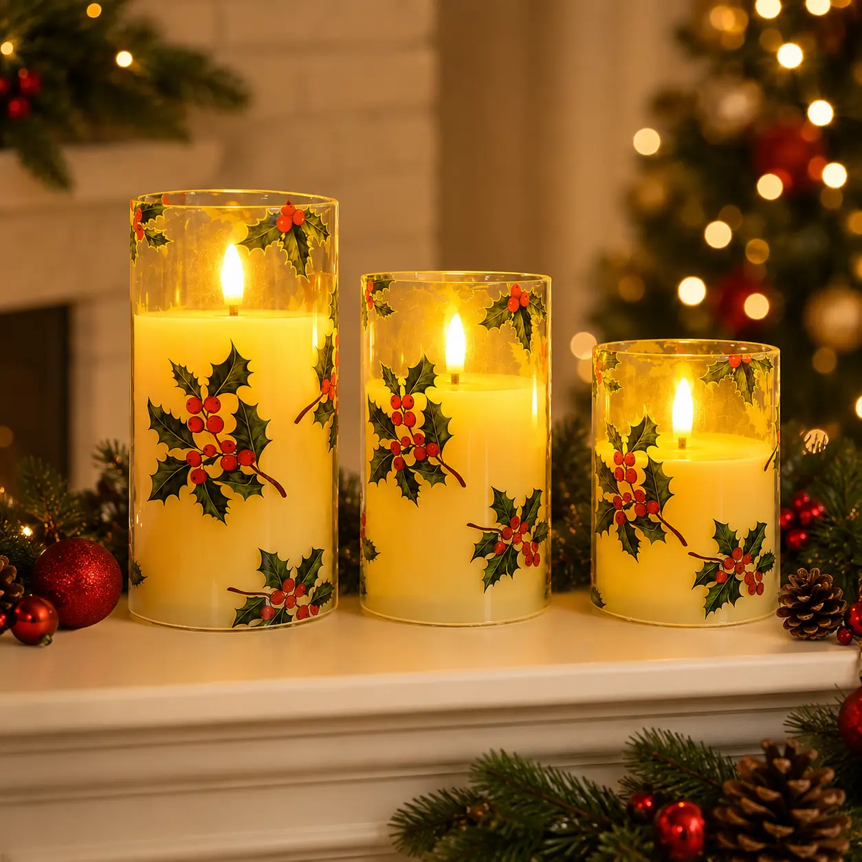 3-Piece Set of Flameless LED Christmas Candles: Transparent cylindrical candles with an ivy and berry print that emit a warm glow, perfect for festive table decorations in fireplaces, dining rooms, bedrooms, and living rooms