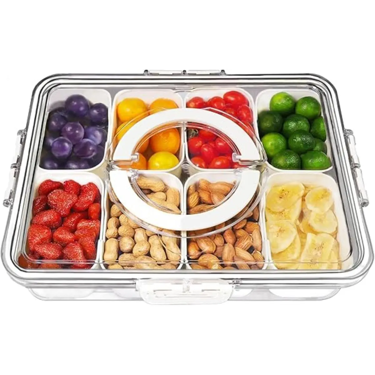 [Limited Time Deal ] - Divided Serving Tray with Lid and Handle, 8 Compartment Snackle Box Container, Travel Charcuterie Board with Lid for Kids and Adults, Snack Box Container - Fruit, Vegetable, Candy, Snack Tray with Lid snack box