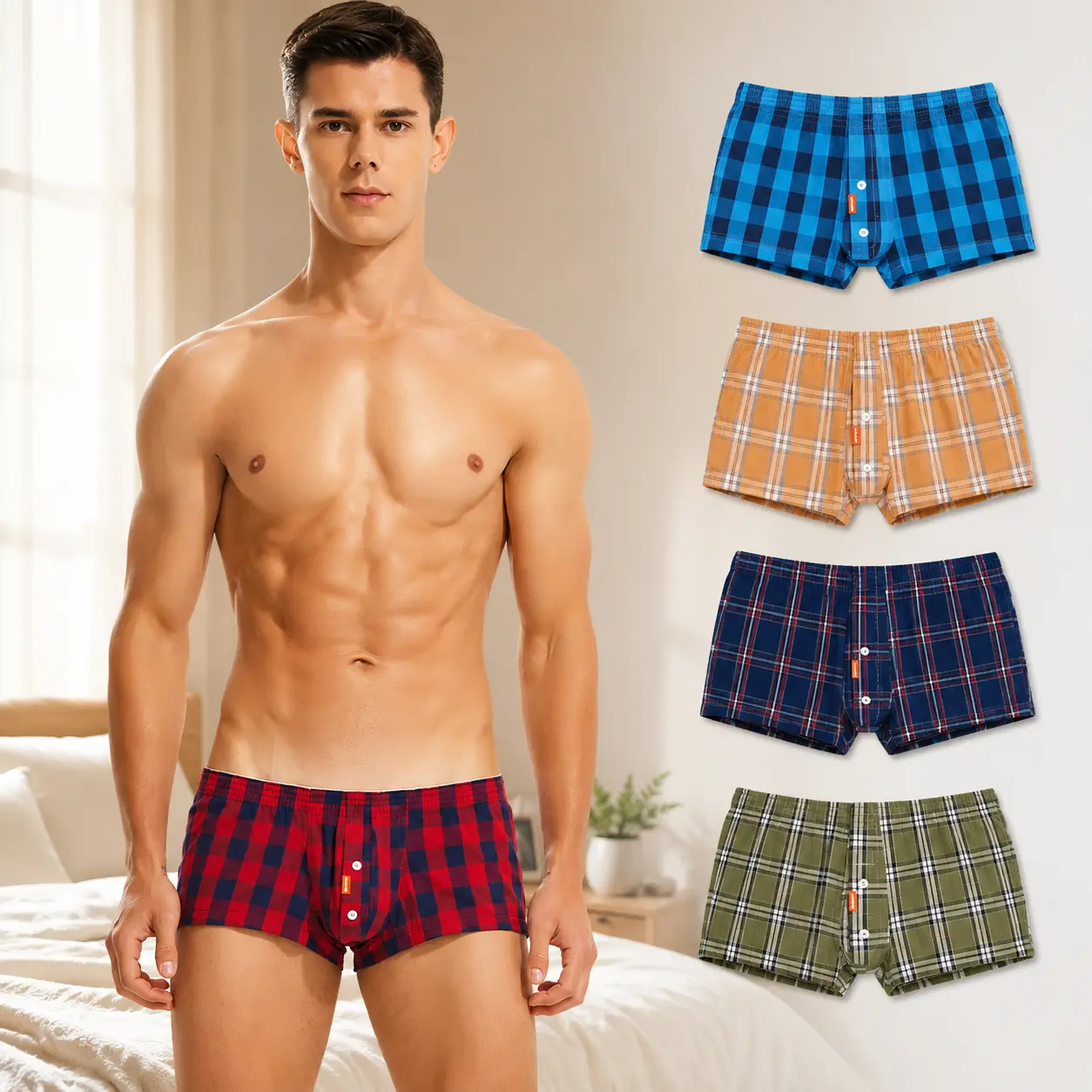 SEOBEAN Men’s Plaid Woven Boxer Shorts with Elastic Waist and Button Fly, Relaxed Fit Lounge Underwear for Home, Sleep, Travel and Everyday Wear, 5 Colors-230503-230504