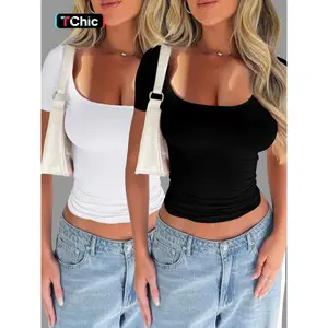 Pure Color Casual Slim Fit U Neck Short Sleeve T-Shirt, Summer Thin Fabric Kint Style Tee for Women, Comfortable Daily Wear