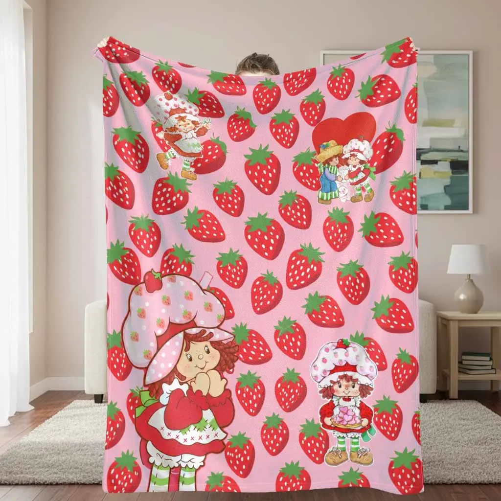 Strawberry Shortcake Flannel Blanket - Flannel Fabric, Pink Red Fruit Print, Plush Texture, Super Soft Cozy Lightweight Warm, Multi-Size Home & Outdoors Throw for Bedroom, Camping, Housewarming Gift Bedding Decor