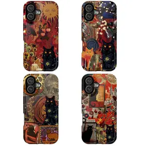 Tough Protective Rubber MagSafe Casing for iPhone Smartphones - Black Cat Witchy Boho, Psychedelic Sun Moon Collage Art, Vintage Trippy Aesthetic, Wireless-Charging Compatible Handheld Device Accessory