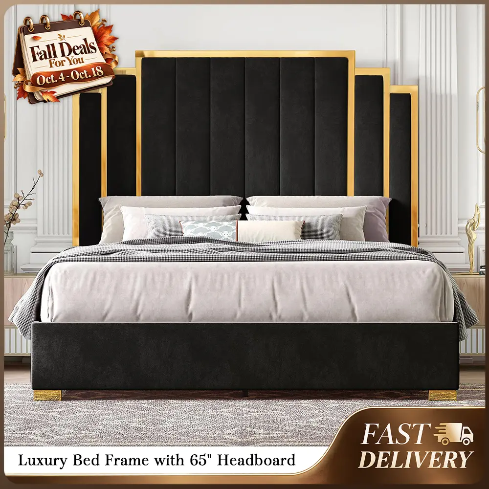 AMERLIFE Bed Frame with 65" Headboard, Upholstered Platform Bed with Golden Plating Trim, Modern Luxury Bed Frame, No Box Spring Needed/No Mattress/Queen/King//Unique Bedroom Furniture/Best Gift Ideas/Christmas Gifts[TikTokShopFallDealsForYou]