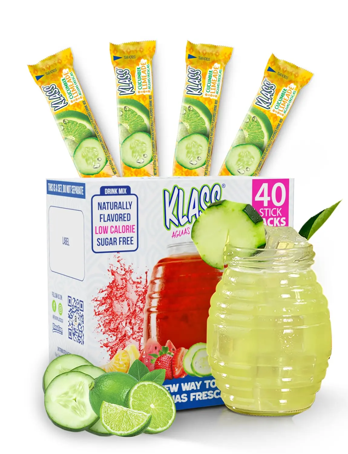 Klass Aguas Frescas | Drink Mix Cucumber Limeade | Sugar Free Drinks! (40 Count Powder Stick Packets)