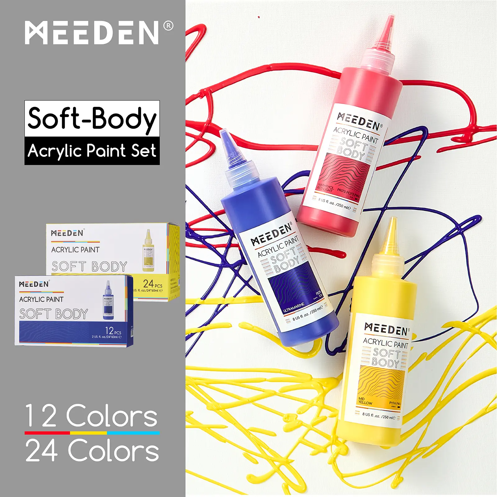 MEEDEN Soft Body Acrylic Paints Set - 24 Colors x 60ml/2oz Fluid Acrylic Paints for Art Painting on Canvas Wood & Glass for Students Adults Artists