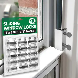Window Locks, 15 Pack Window Locks for Vertical and Horizontal Windows, Sliding Window Locks, Adjustable Aluminum Window Stoppers, Window Security, No-Drill Install, Fits Tracks up to 3/16" Wide