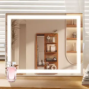 INMTFEI Hollywood LED Vanity Makeup Mirror, 50×40cm Lighted Desktop Mirror, 3 Color Light Modes, Smart Touch Dimming, 5X Magnifying Mirror, Type-C Powered, White Frame for Bedroom & Gift
