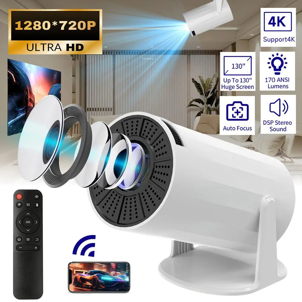 Portable Smart Projector with WiFi 6, Bluetooth 5.4, 180° Rotatable Design, 1280x720P Native Resolution, 4K Support, Auto Focus, Auto Keystone, 170 ANSI Lumens, Built-in Android 11, 130" Screen for Home Theater, Outdoor Movies Compatible with Phone/PC/PS5