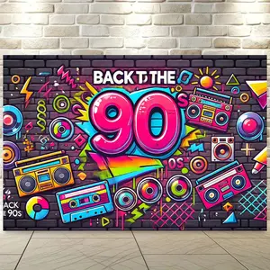 1pc 2D Flat Retro 90s Backdrop Banner - 96"x72" Vibrant Graffiti-Style Photography Neon 90 Numbers, Boombox & Cassette Tape Design - Polyester Indoor/Outdoor Decor Birthdays
