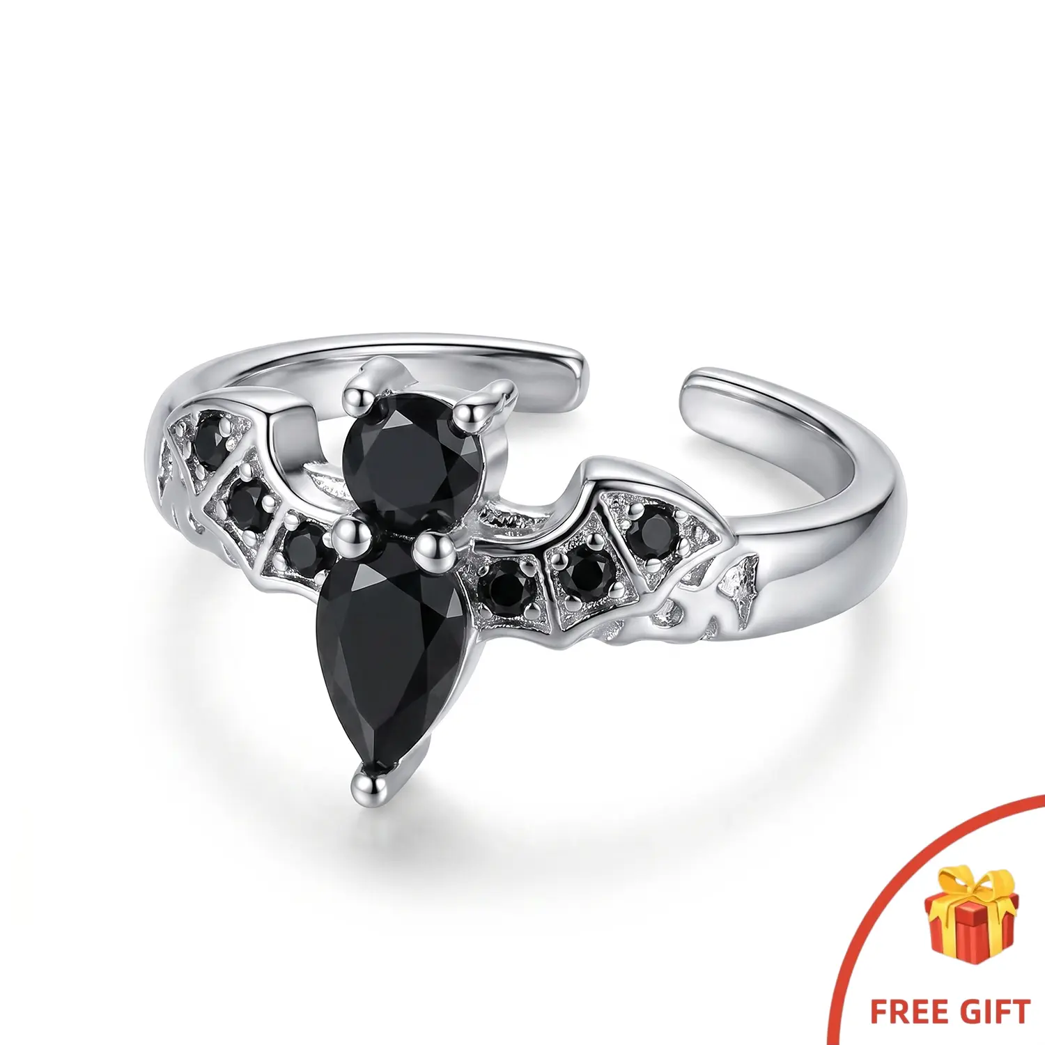 Dark Gothic Bat Black Crystal Ring, Adjustable Edgy Open Statement Jewelry, Ideal Gift for Women Bat Wing Accents, Crystal Rings, Goth Rings