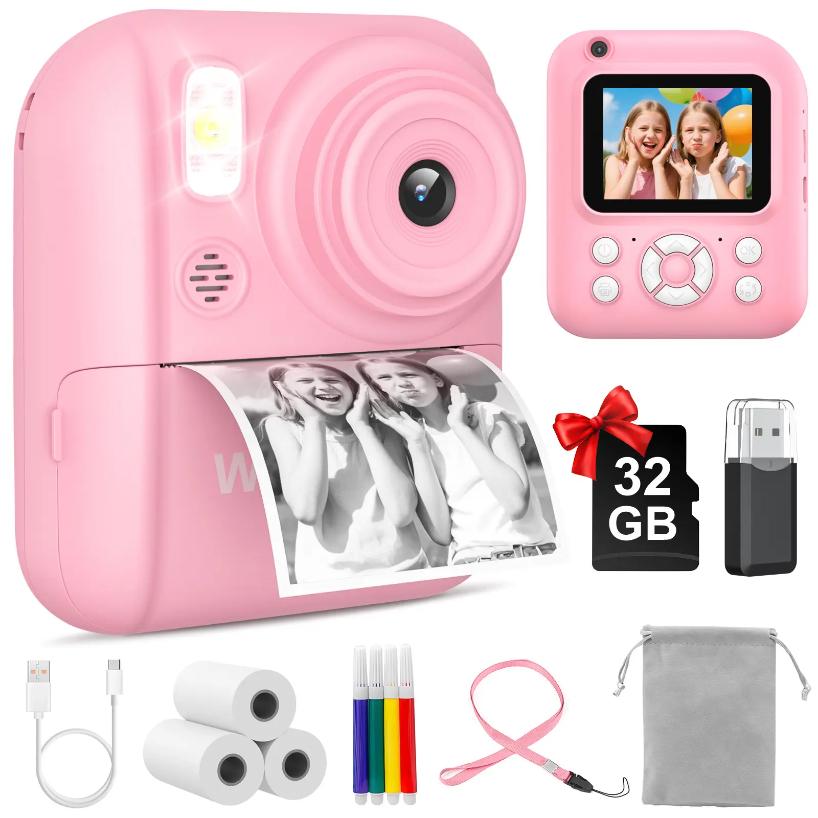 W&O Rechargeable Instant Print Camera for Kids,HD digital camera with thermal paper, educational children's toy camera, protable Kid's camera, includes 32GB SD card