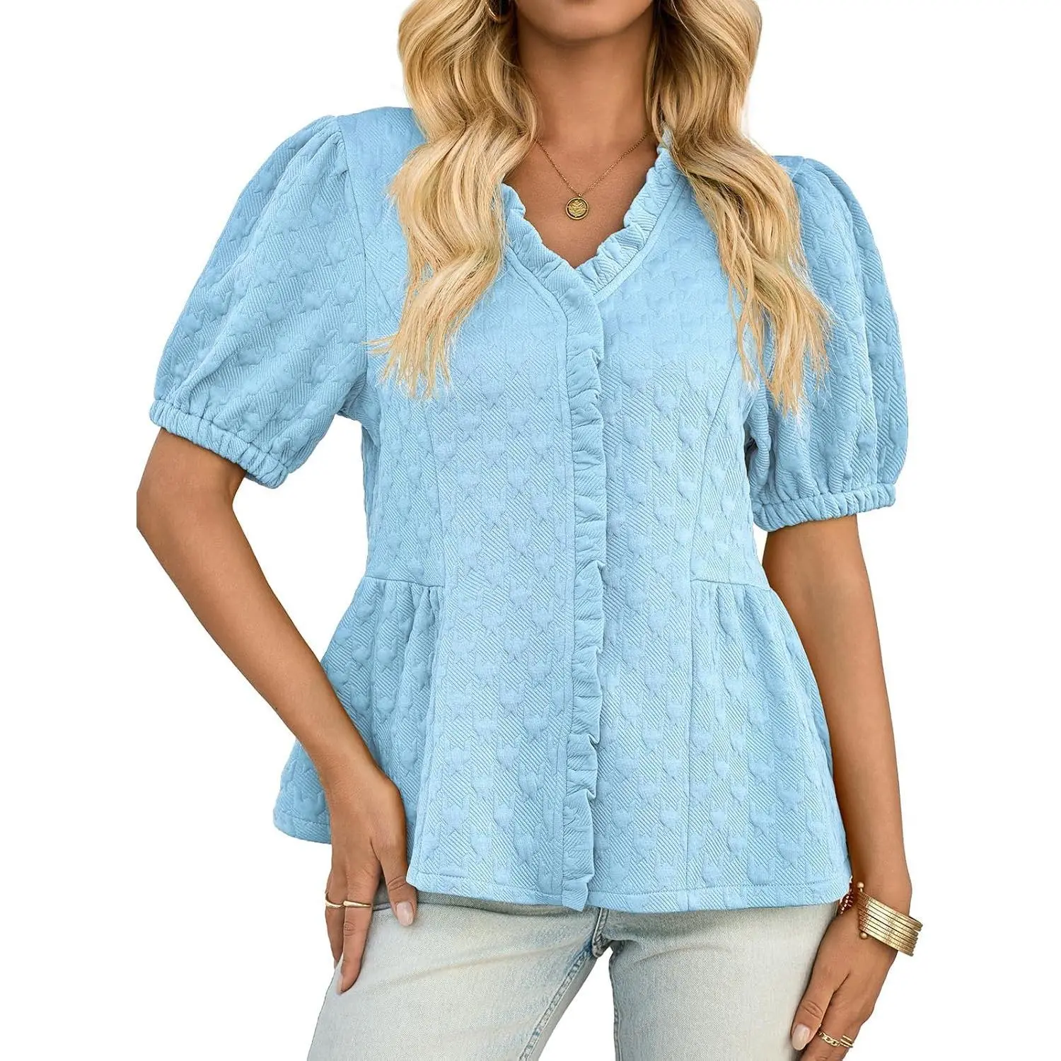 Imily Bela Womens Peplum Puff Sleeve Tops Dressy Casual Summer Textured Blouses V Neck Ruffle Pleated Shirts