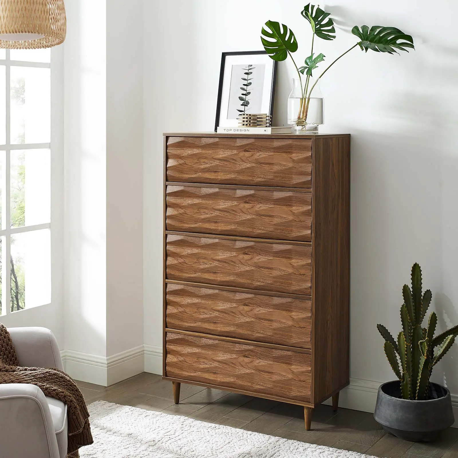Modway Vespera 5-Drawer Walnut Wood Dresser - Freestanding Cabinet for Apartment Indoor Use, Modern Accent Storage Furniture, Five