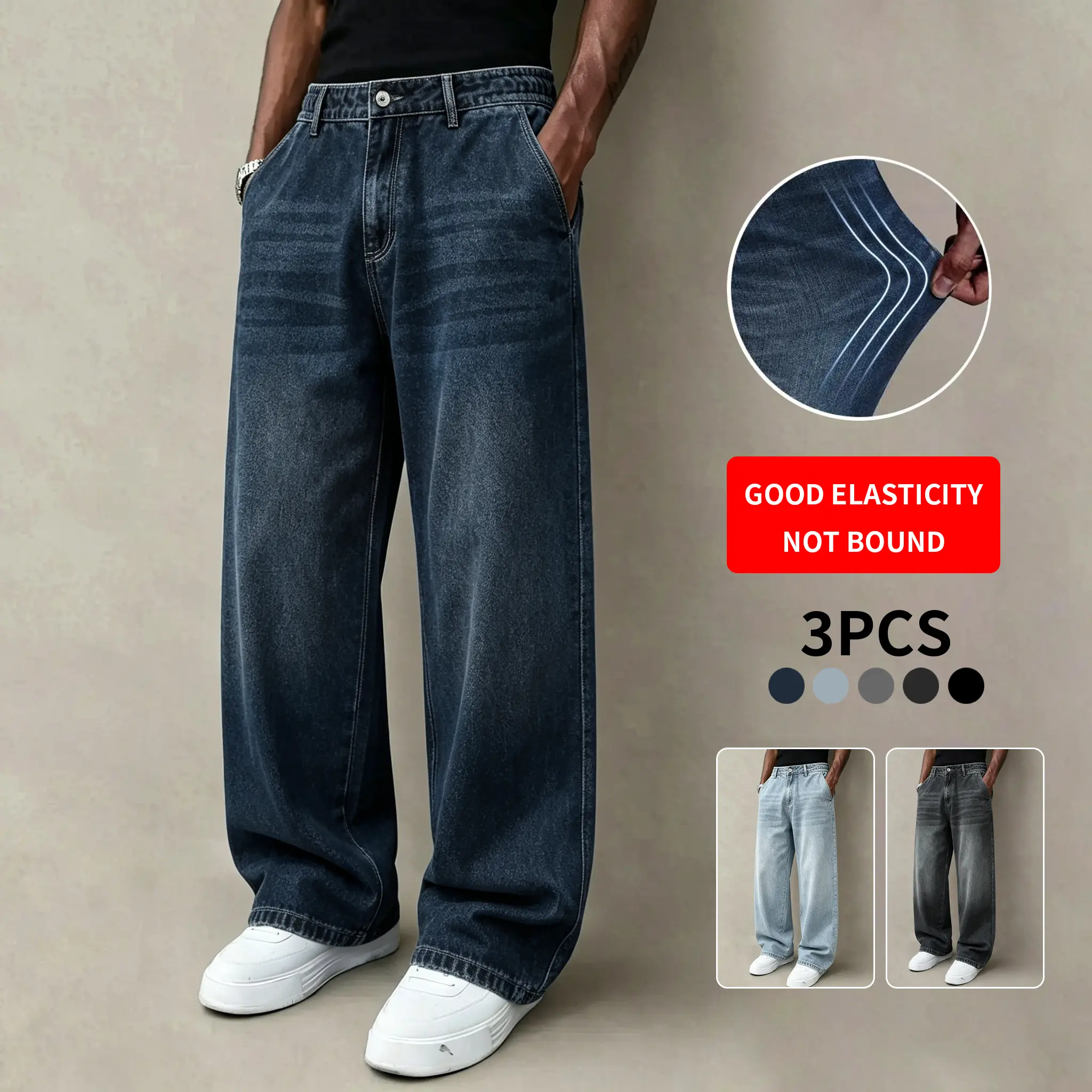 Men's 3-Pack Vintage Washed Stretch Wide Leg Denim Jeans - Menswear Classic Fabric Full Length Loose-Fit Retro Cotton Blend Pockets, Oversized Elastic Baggy Breathable Non-Restrictive Casual Trousers for Daily Commute, All-Season Staple