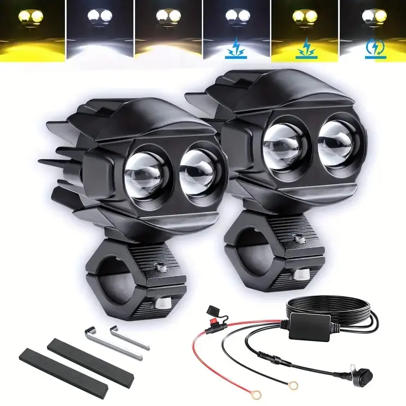 Motorcycle Driving Lights, Auxiliary Spot Light White/Amber Strobe | 6Modes LED Luces Exploradoras Para Moto with Switch Wiring Harness Offroad Fog Light with Memory Function IP68 Waterproof