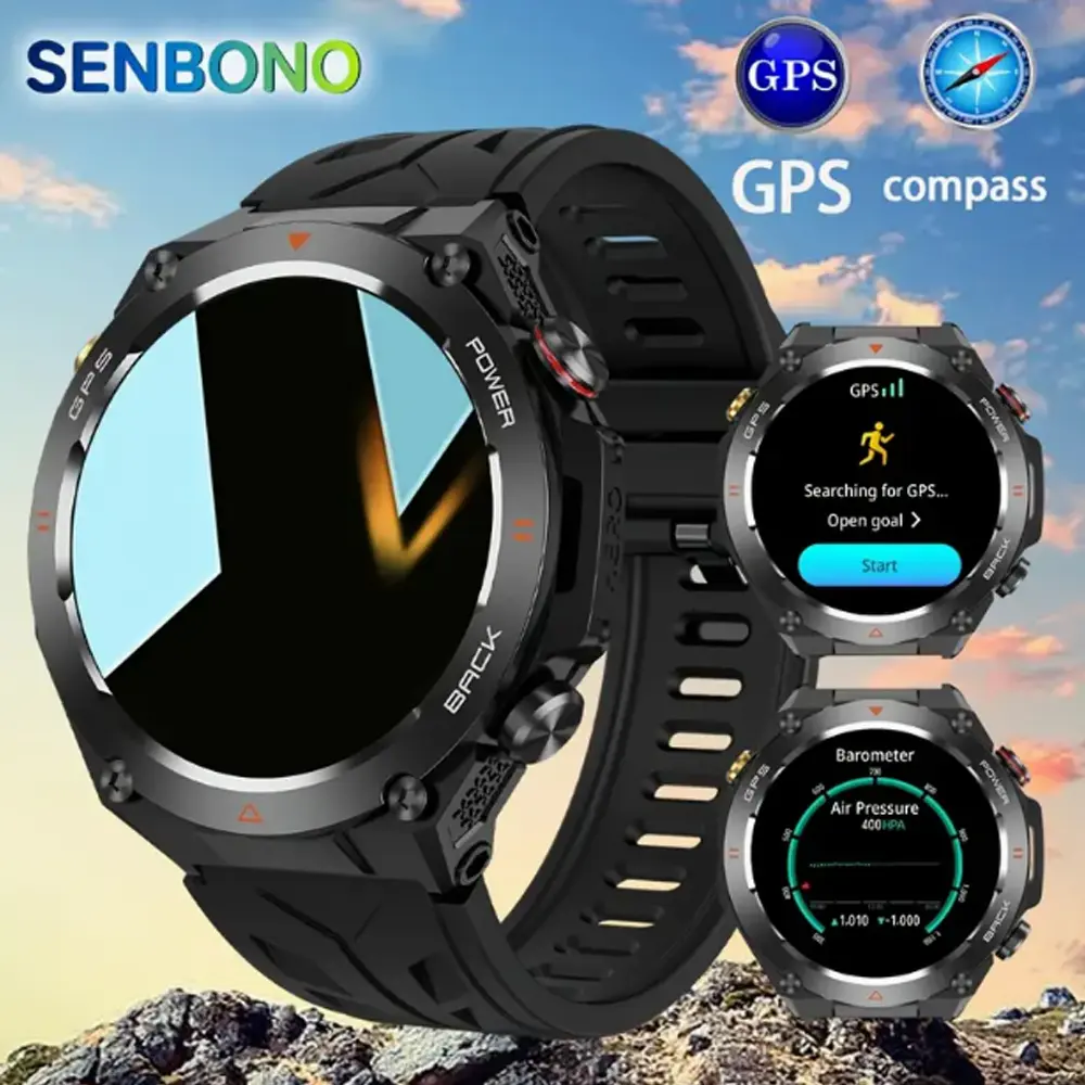 SENBONO Unisex Silicone Digital Smart Watch - Wearable Device with GPS, Compass, 650mAh Battery, 100+ Sports Modes, Round Screen, Bluetooth Call, Timer, Remote, Android Compatibility