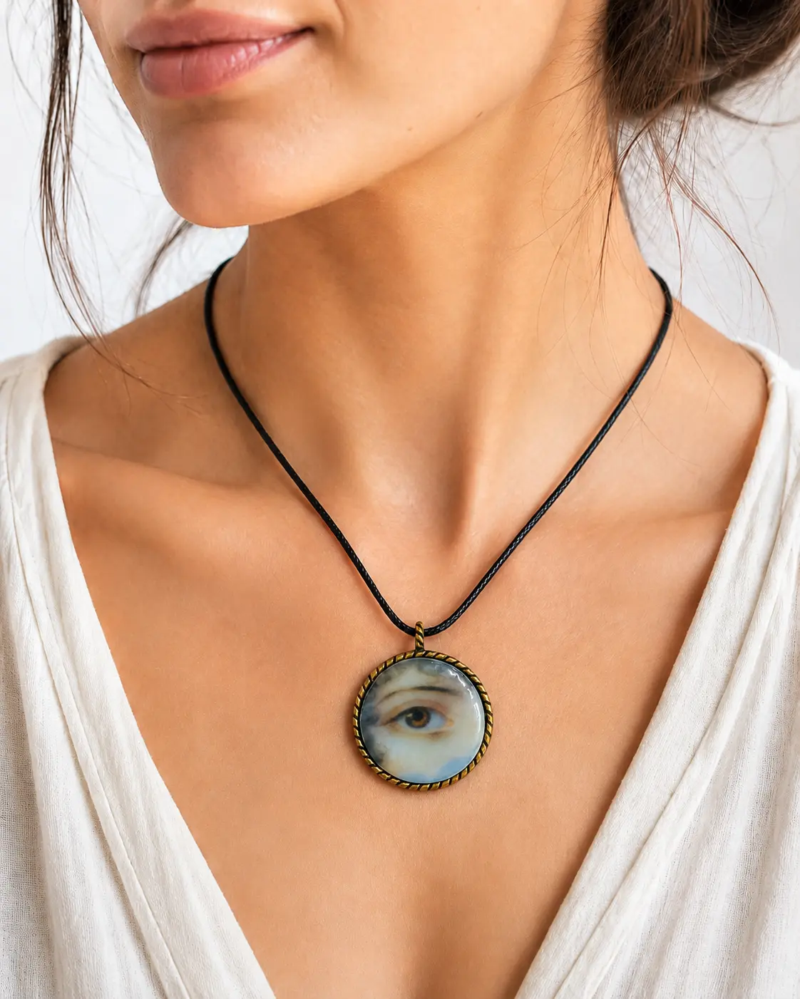 Vintage Georgian Lover's Eye Fused Glass Necklace - 26 mm Pendant with Black Cord, Costume Fashion Accessory