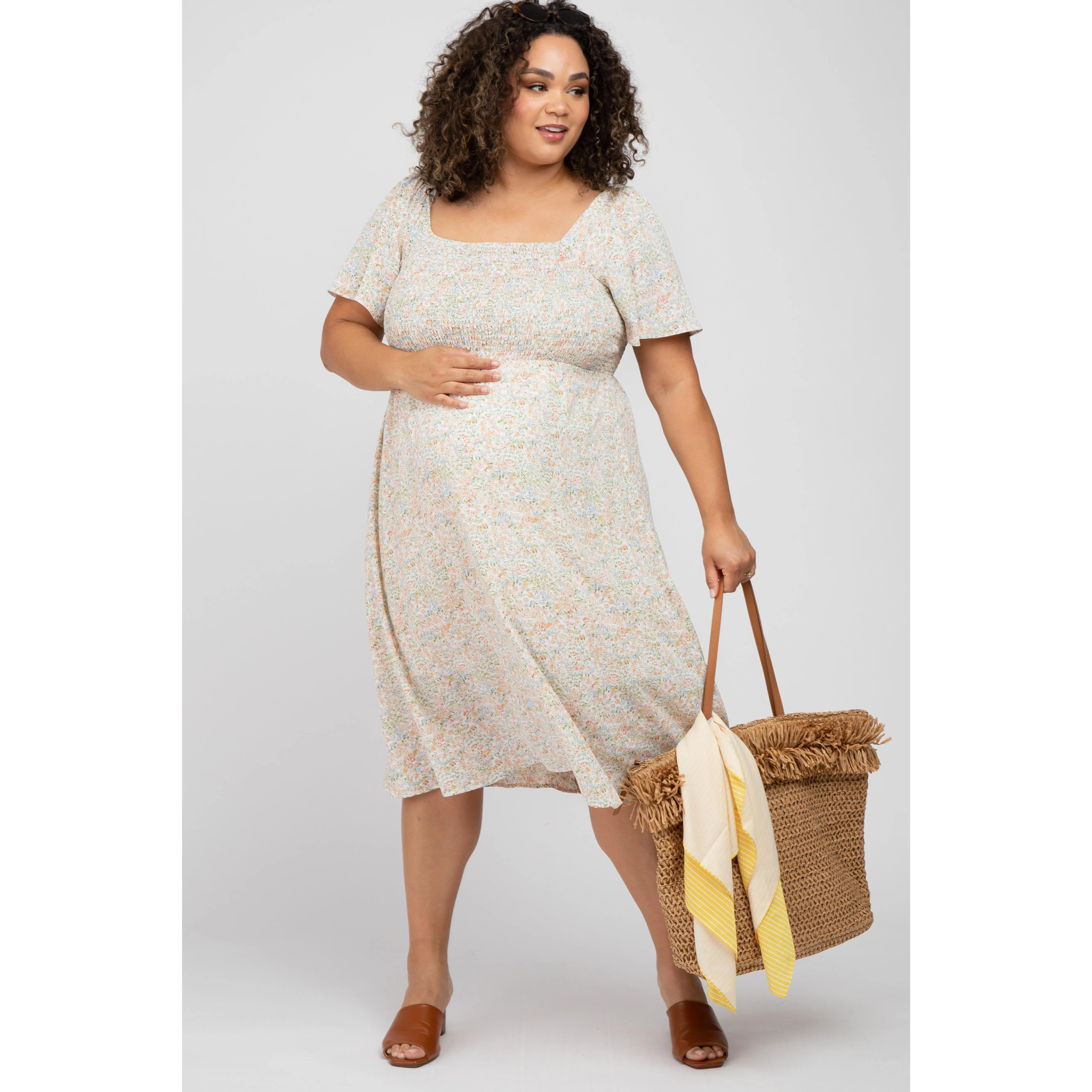 Cream Floral Smocked Square Neck Maternity Midi Dress - Modest, Wide Elastic Pregnancy Maternity Clothes & Accessories, Modest Maternity Clothing & Accessories