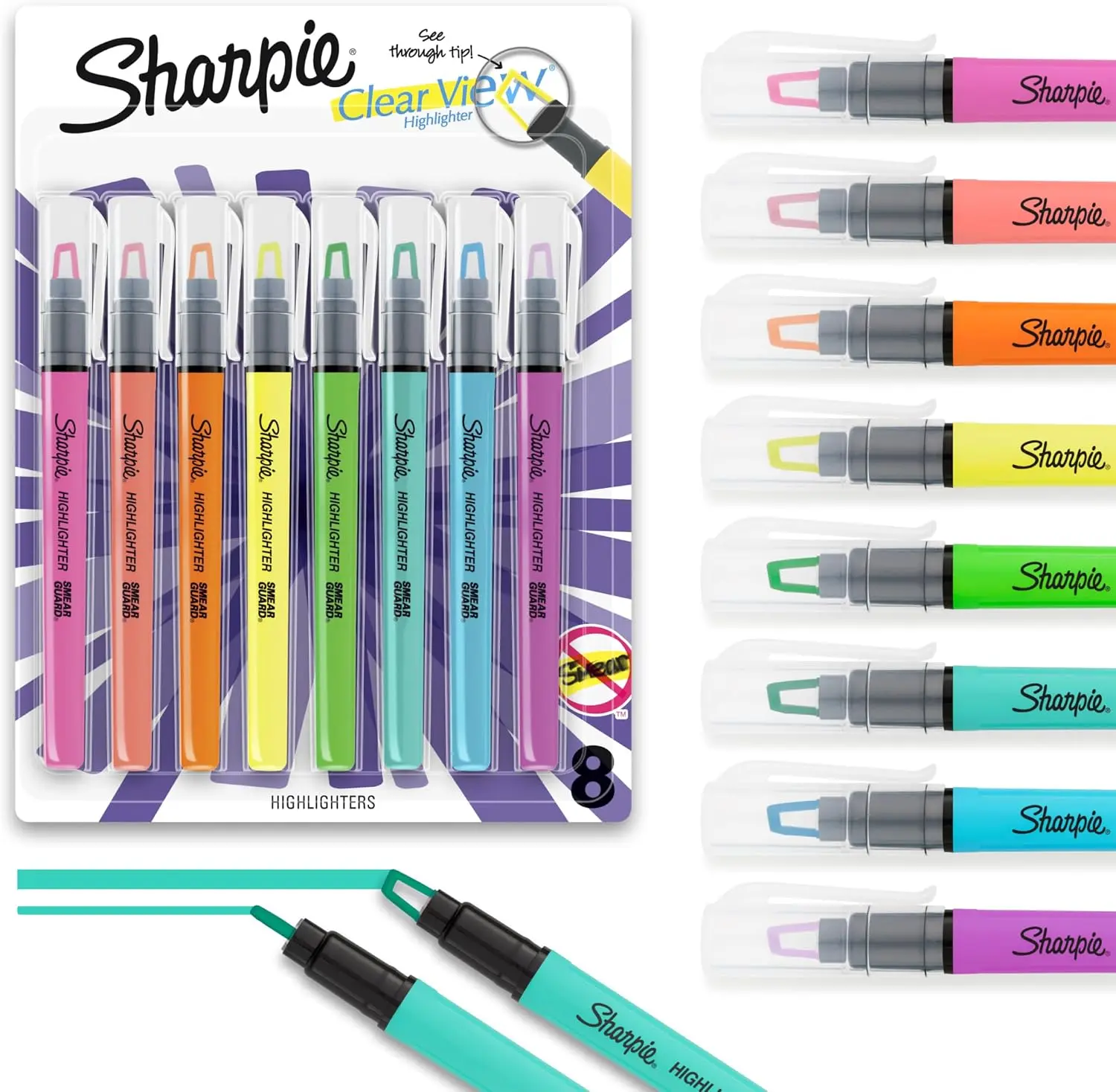 Sharpie Clear View Highlighter Sticks, Chisel Tip Highlighter Market Set, Essential School & Teacher Supplies, Smear Resistant, Assorted Color Highlighters, 8-Pack