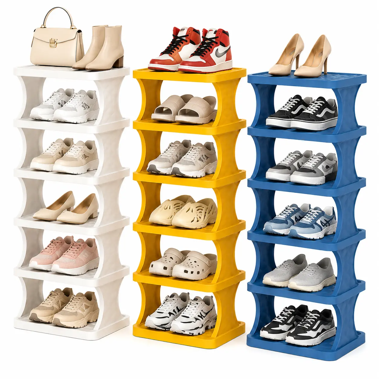 Vertical Shoe Rack 3/4/6 Tier, Narrow Free Standing Shoe  for Closet, Entryway & Bedroom, Tall Plastic Narrow Shoe Rack for Small Spaces, Stackable Shoe  & Easy to Assemble (White/Yellow/Blue)   organizer storage cabinet tall shoe rack,shoe rack organizer