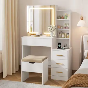 Garvee Modern White Makeup Vanity Desk with Sliding Mirror - LED Lights, 4 Drawers, 7 Storage Shelves, Cushioned Stool, Charging Station, 3 Lighting Modes - Bedroom Dressing Table - White