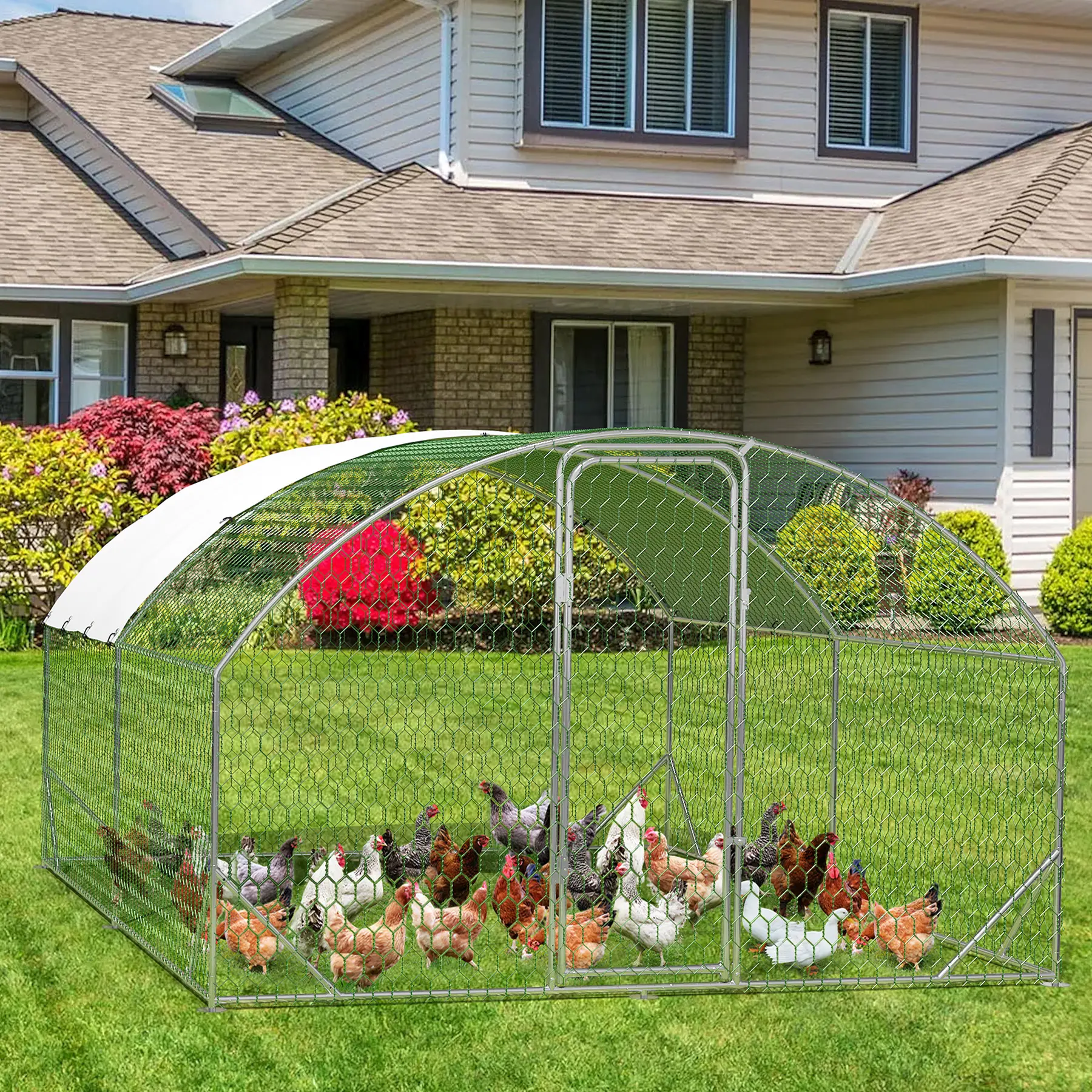13FT Galvanized Rust-Proof Water-Resistant Metal Chicken Coop - Large Outdoor Walk-in Poultry Cage with 4-Corner Reinforced Ribs for Increased Stability, Easy Setup, Easy Maintenance & Essential Accessories