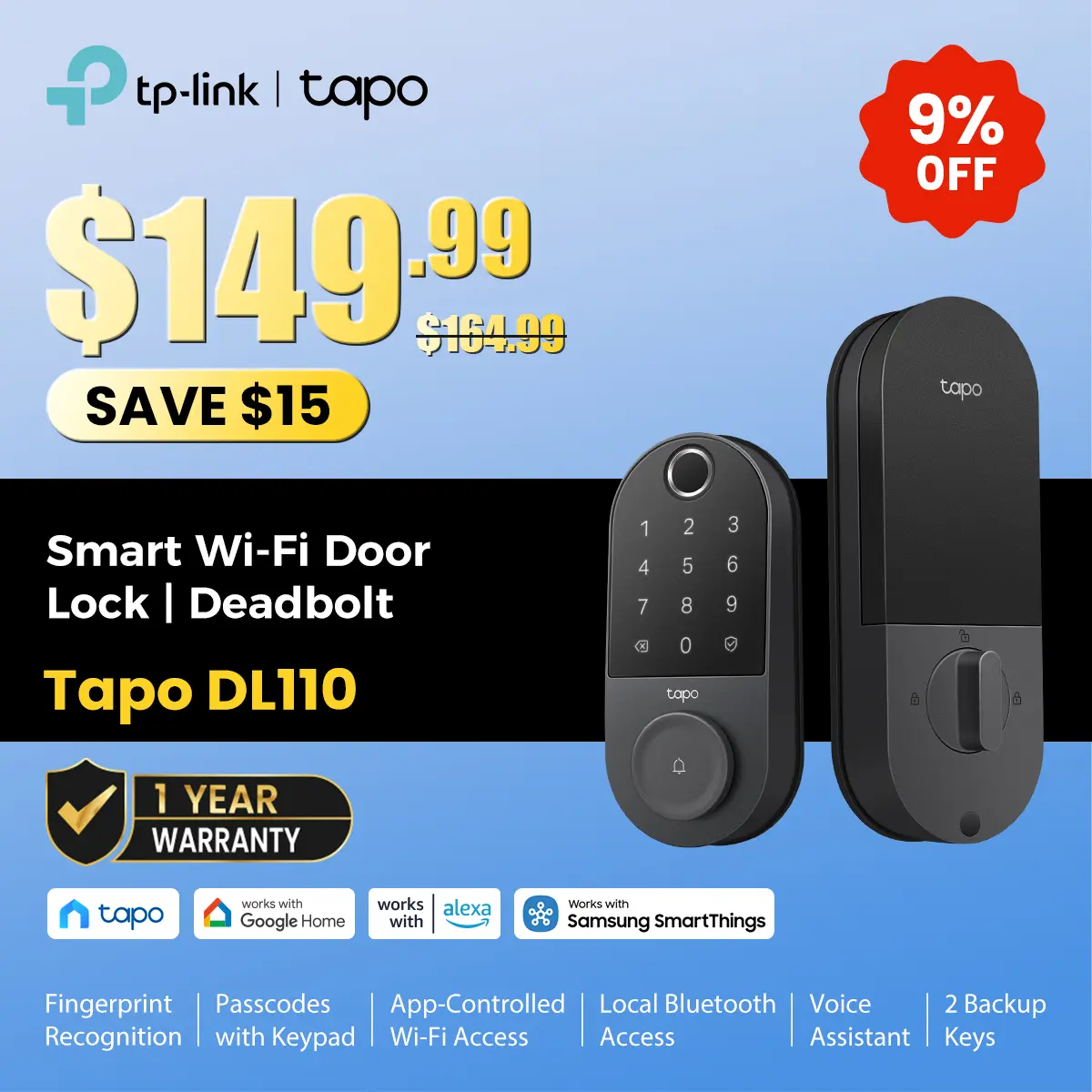 TP-Link & Tapo DL110 Smart Door Lock｜6 Ways Unlock｜1-Yr Battery｜IP65 Stormproof｜Built-in Doorbell｜Scheduled Access｜BHMA Grade 2