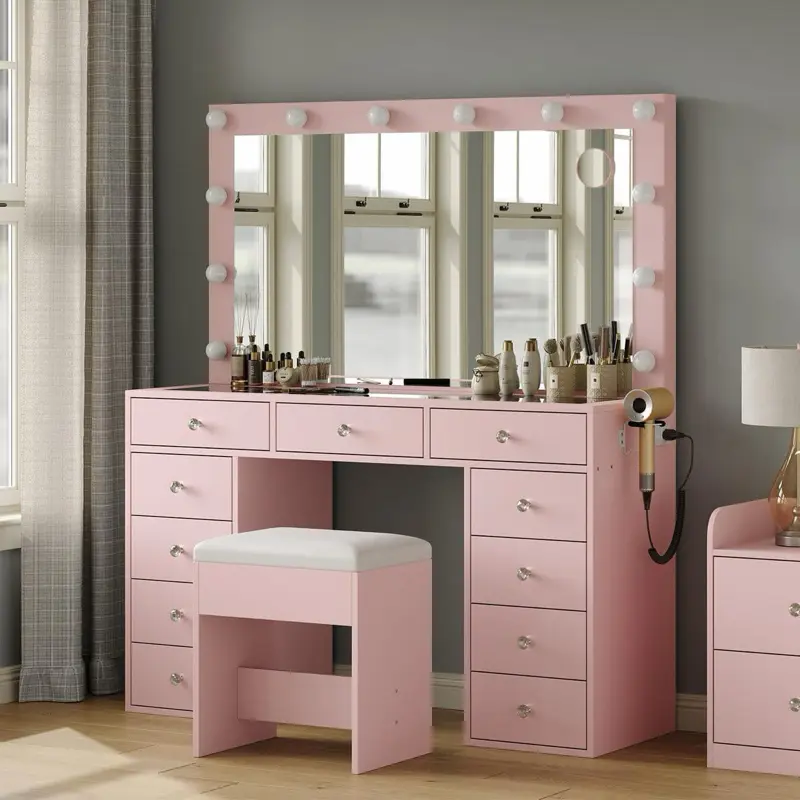 Affordable 13-Drawer Vanity Desk with Mirror, 13 LED Bulbs, Glass Top & Power Outlet **NOTE SHIPPING IS NOT FREE**