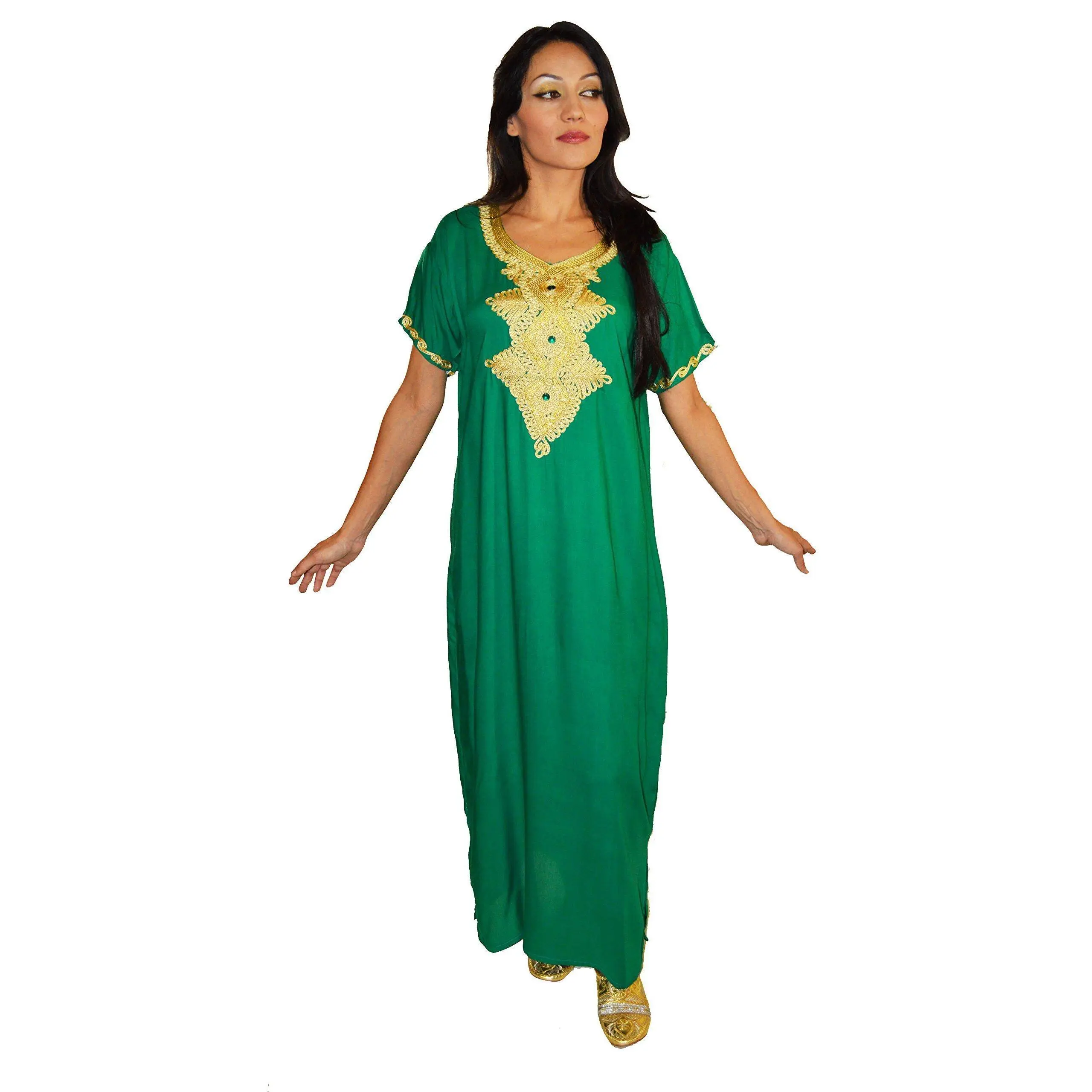 Moroccan Caftans Handmade Light Weight Cotton Hand Embroidery Andalusia Fits SMALL to MEDIUM Green